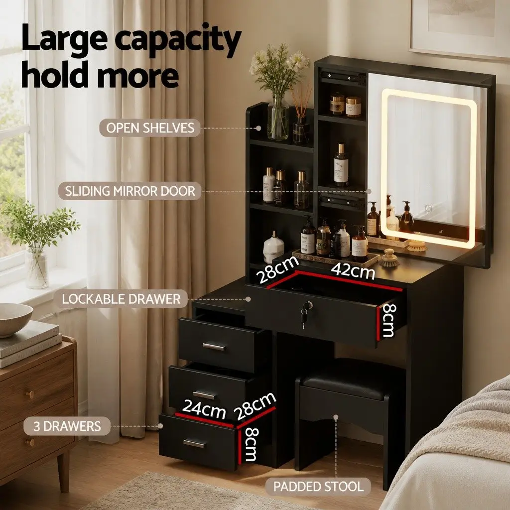 Dressing Table Vanity Desk with LED Lights and Stool Black 80cm W x 36cm D x 131cm H