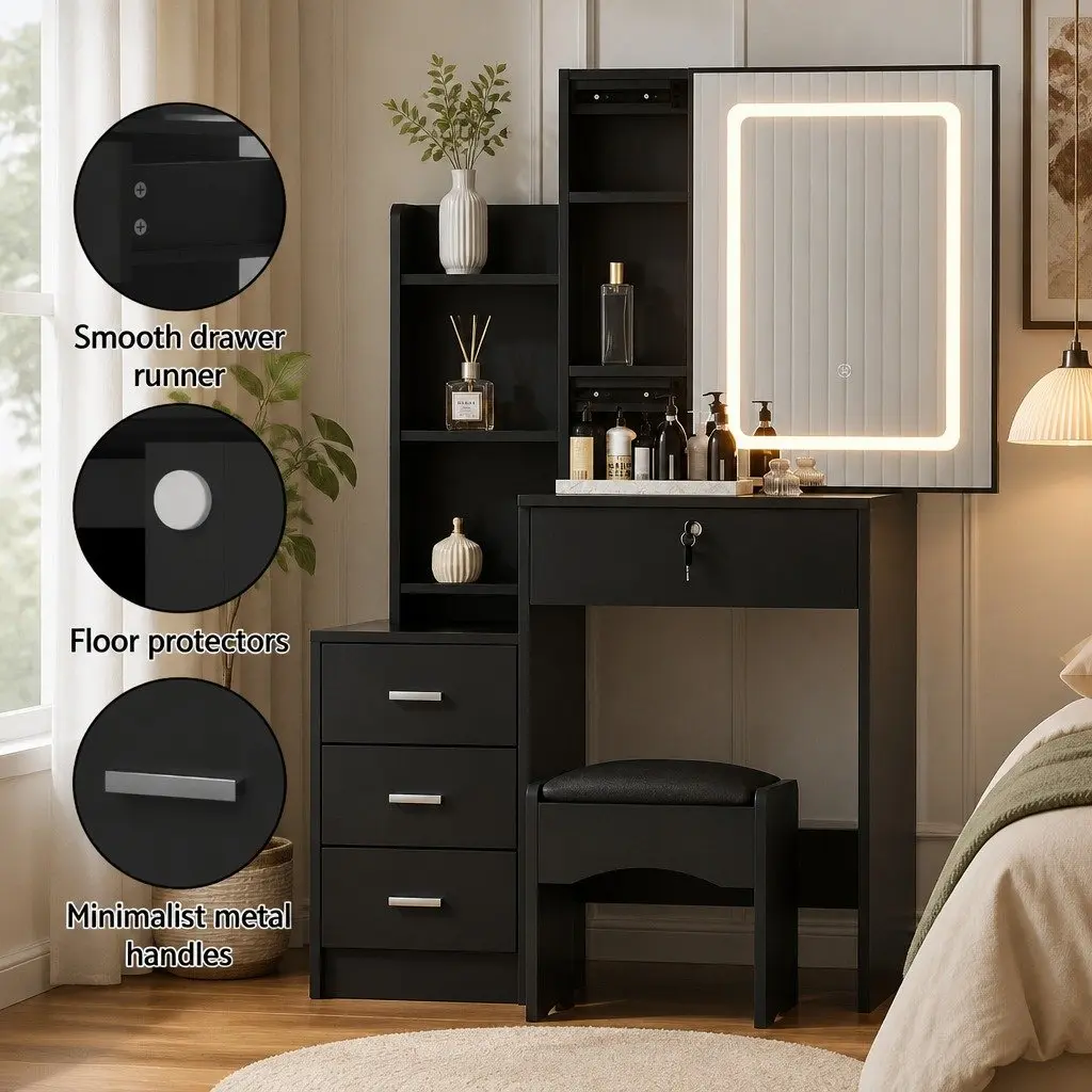 Dressing Table Vanity Desk with LED Lights and Stool Black 80cm W x 36cm D x 131cm H