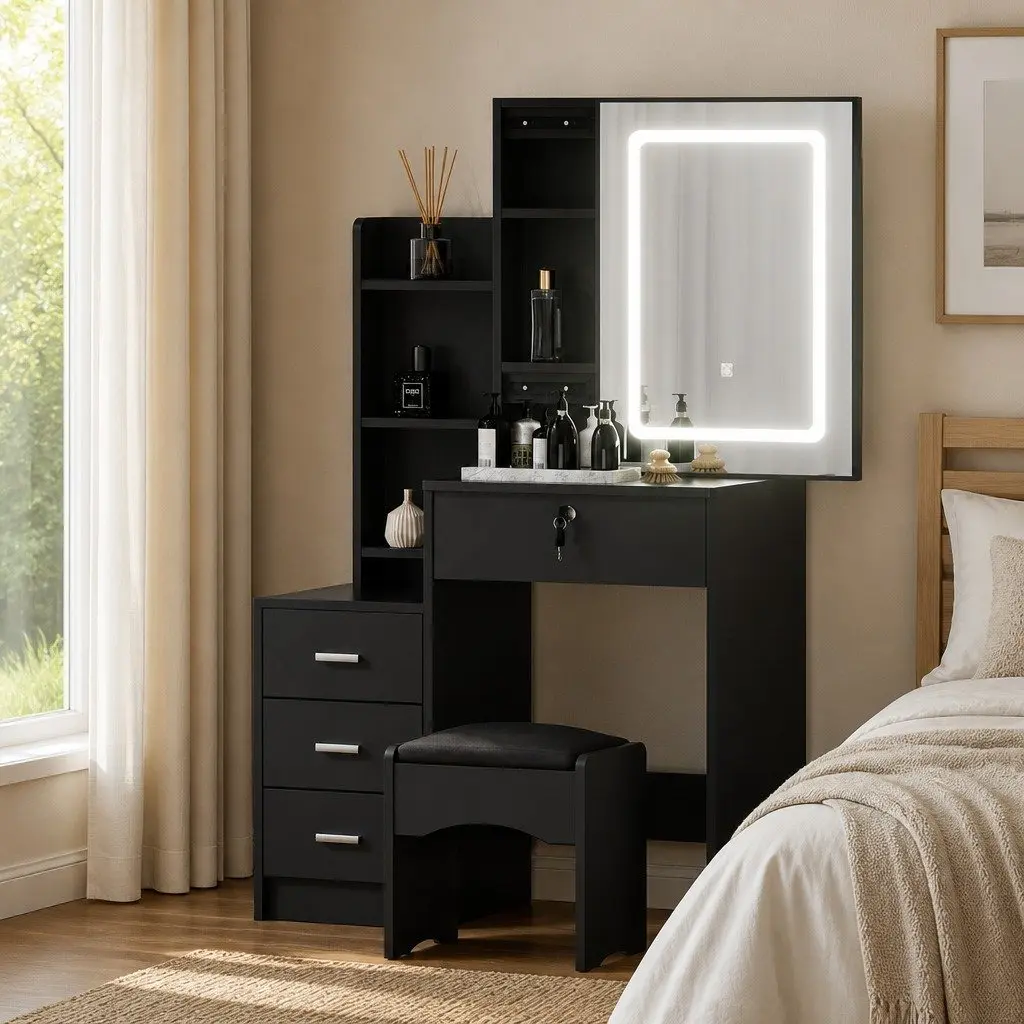 Dressing Table Vanity Desk with LED Lights and Stool Black 80cm W x 36cm D x 131cm H