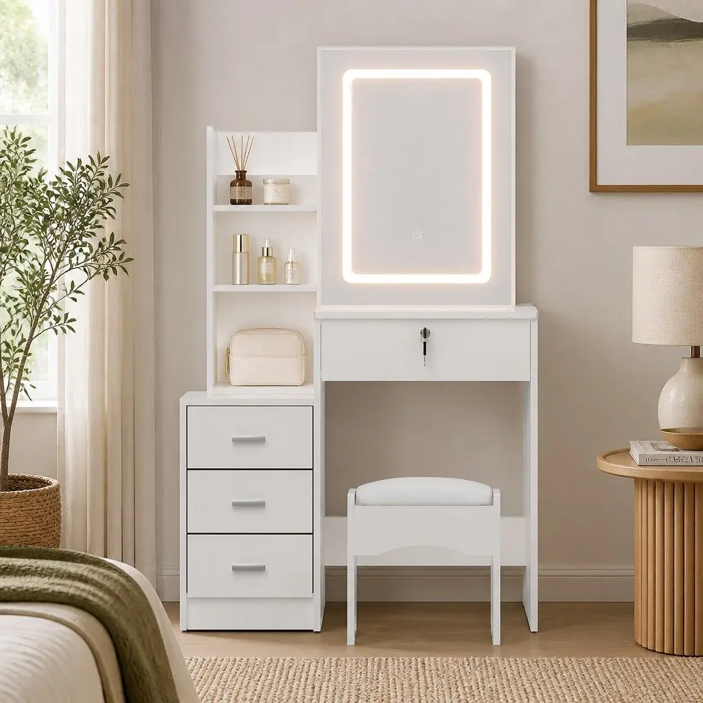 Dressing Table Vanity Desk Set with LED Lights White 80cm W x 36cm D x 131cm H
