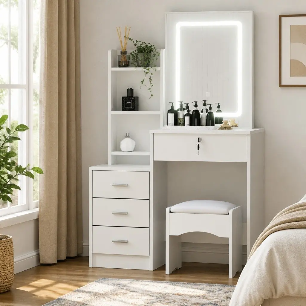 Dressing Table Vanity Desk Set with LED Lights White 80cm W x 36cm D x 131cm H