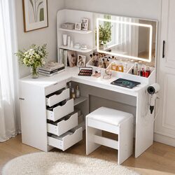 L-Shaped Dressing Table Corner Vanity Desk with LED Mirror Charging Station