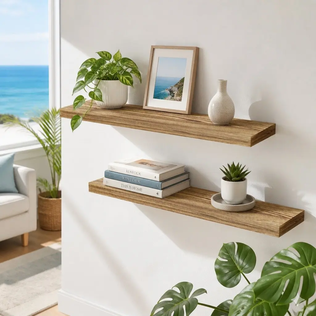 Floating Wall Shelf Set of 2 Wood 90CM Space Saving Storage Shelves for Kitchen Bathroom Living Room