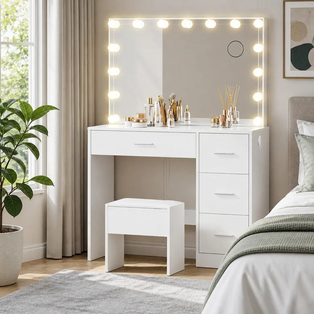White Makeup Vanity Set with LED Mirror and Stool 89cm x 40cm x 136cm