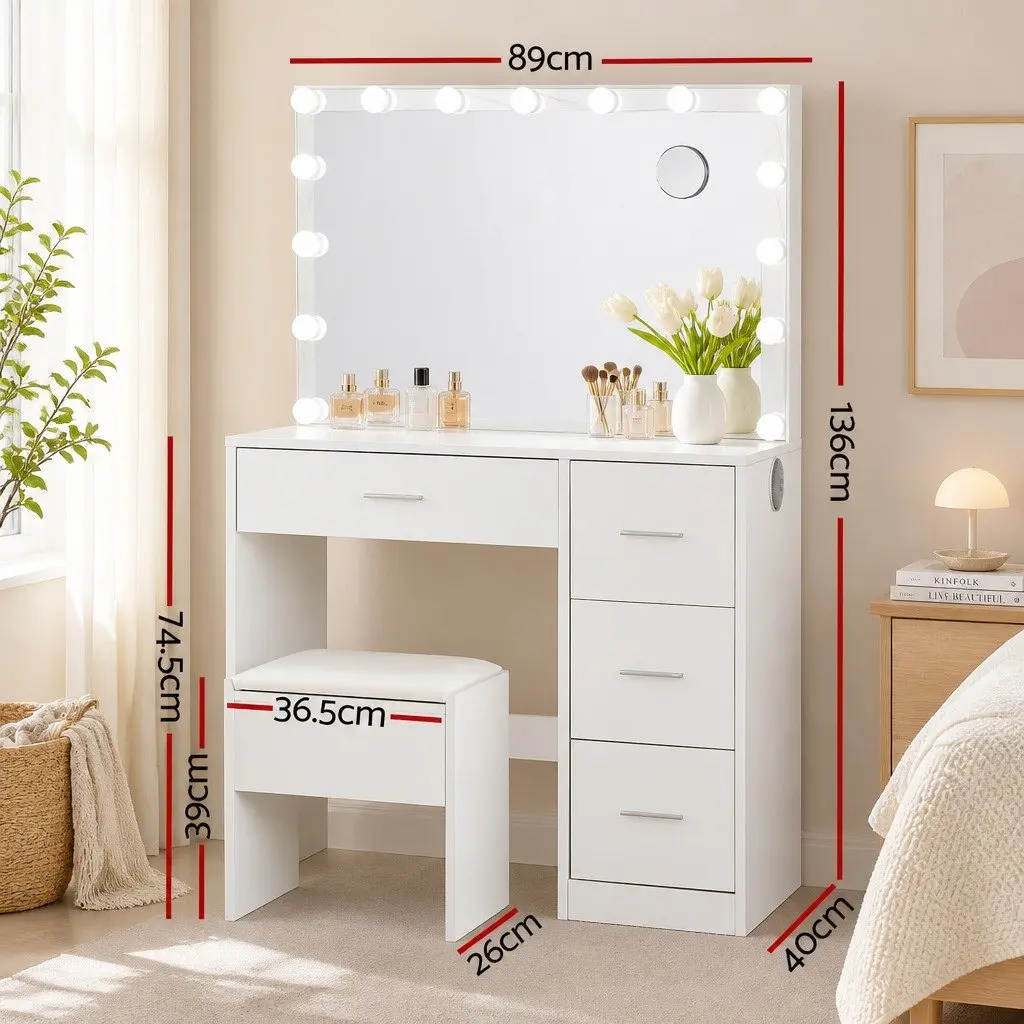 White Makeup Vanity Set with LED Mirror and Stool 89cm x 40cm x 136cm