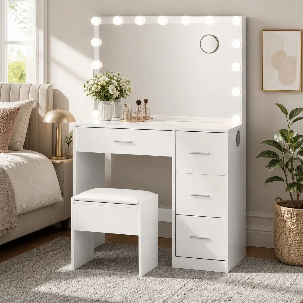 White Makeup Vanity Set with LED Mirror and Stool 89cm x 40cm x 136cm
