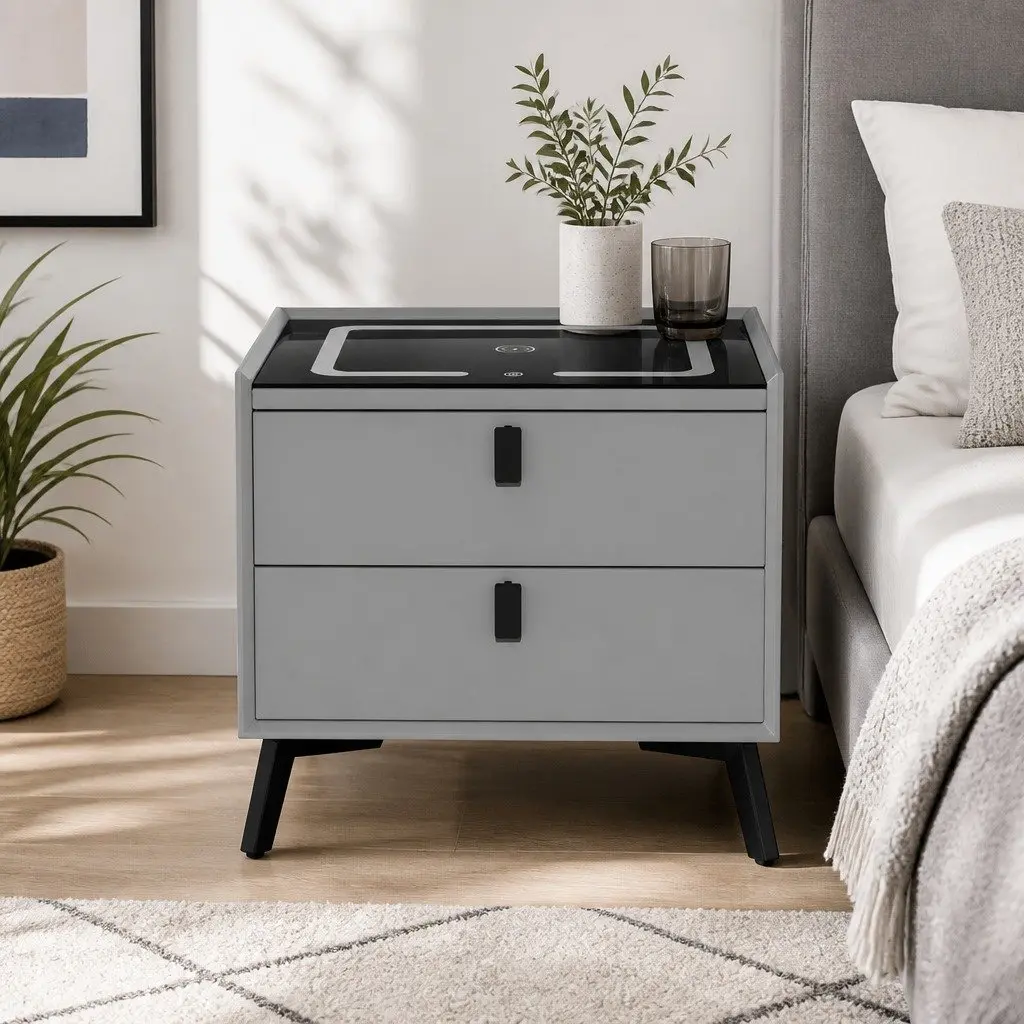 Bedside Table with Wireless Charging Bluetooth Speaker USB Ports Grey 50cm W x 40cm D x 44cm H