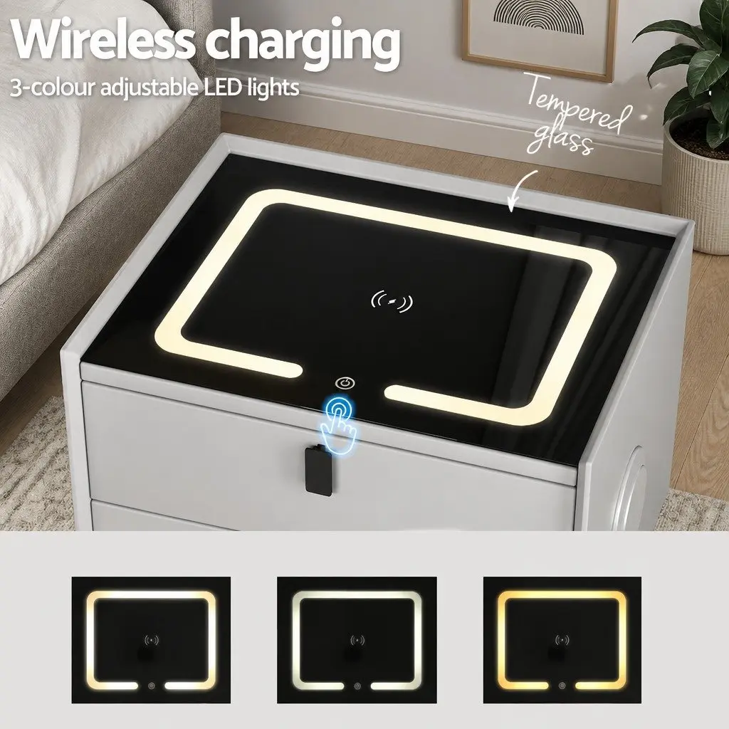 Bedside Table with Wireless Charging Bluetooth Speaker USB Ports Grey 50cm W x 40cm D x 44cm H