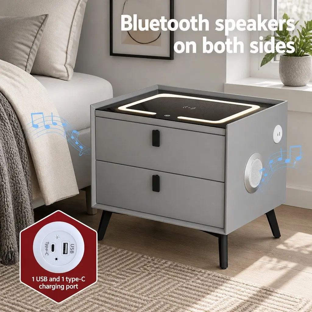 Bedside Table with Wireless Charging Bluetooth Speaker USB Ports Grey 50cm W x 40cm D x 44cm H