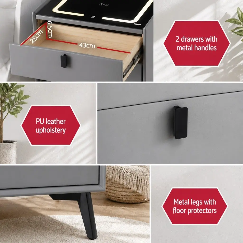 Bedside Table with Wireless Charging Bluetooth Speaker USB Ports Grey 50cm W x 40cm D x 44cm H