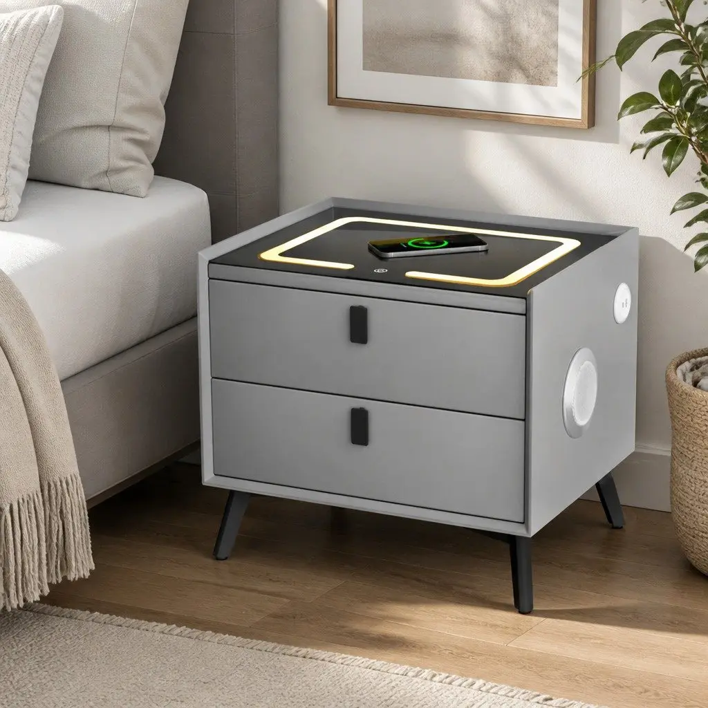 Bedside Table with Wireless Charging Bluetooth Speaker USB Ports Grey 50cm W x 40cm D x 44cm H