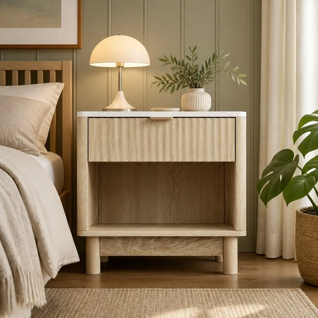 Bedside Table Nightstand 1 Drawer Open Shelf Storage Pine Wood Legs