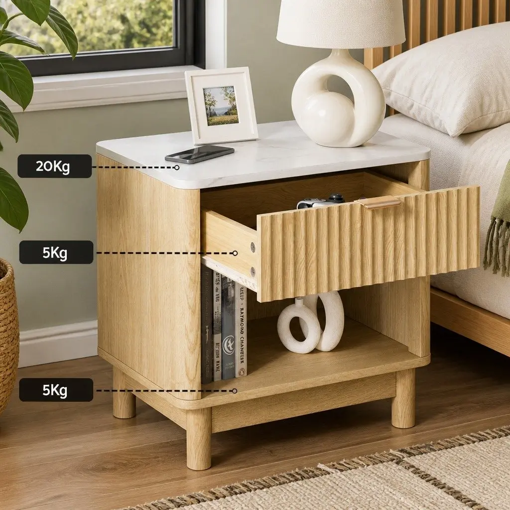 Bedside Table Nightstand 1 Drawer Open Shelf Storage Pine Wood Legs