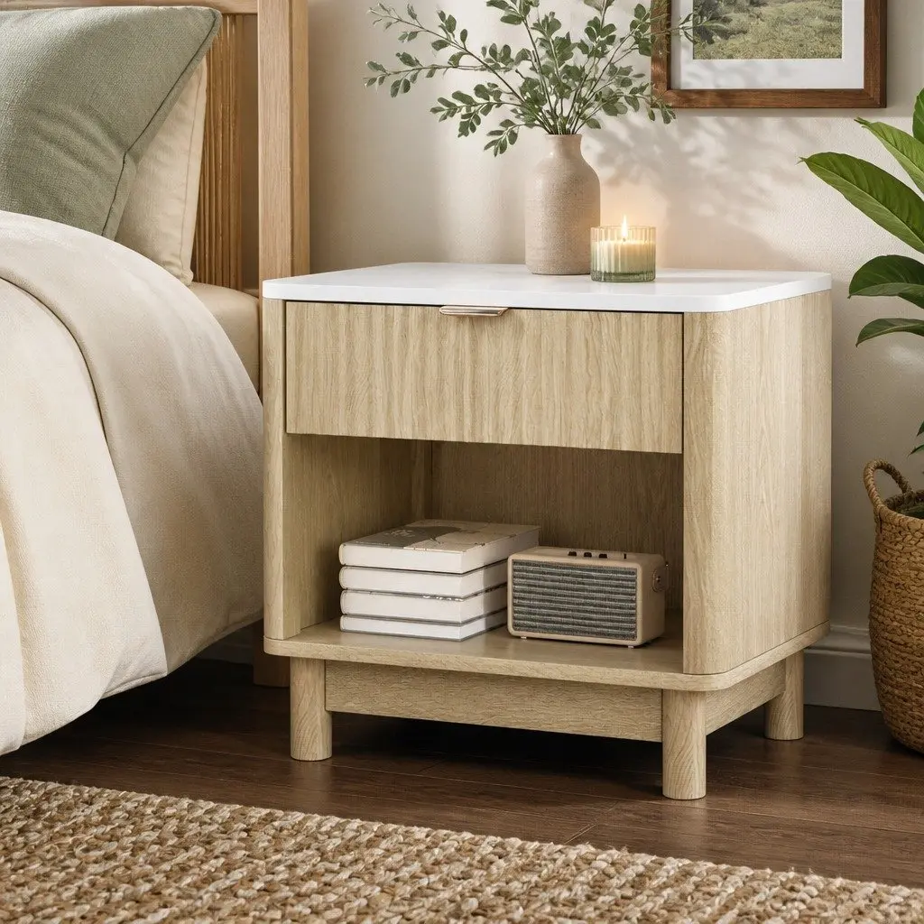 Bedside Table Nightstand 1 Drawer Open Shelf Storage Pine Wood Legs