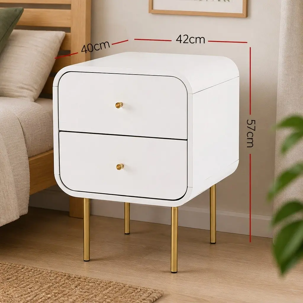 Bedside Table White 2 Drawers Metal Legs Storage