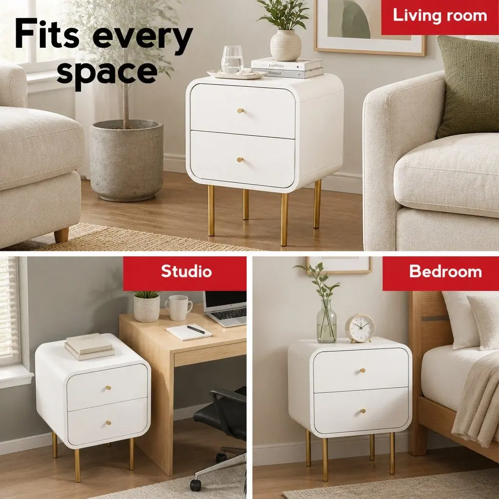 Bedside Table White 2 Drawers Metal Legs Storage