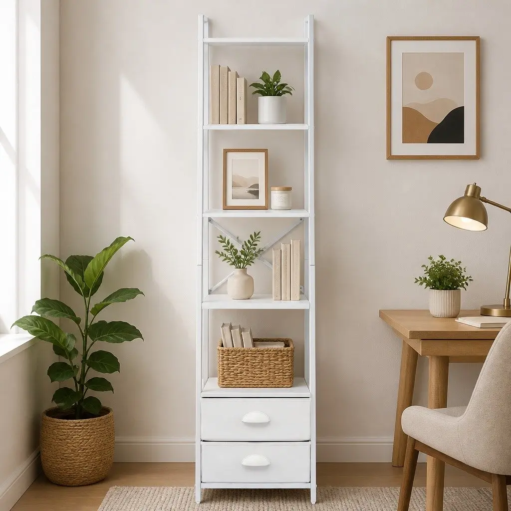 5 Tier Ladder Bookcase with Fabric Drawers Storage Shelving Unit