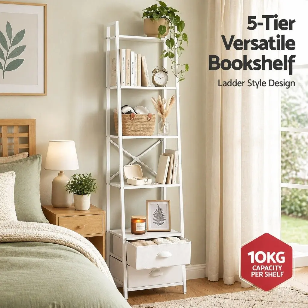 5 Tier Ladder Bookcase with Fabric Drawers Storage Shelving Unit