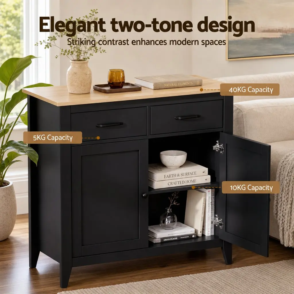 Buffet Sideboard Cabinet Black 90cm Storage Cupboard with 2 Drawers