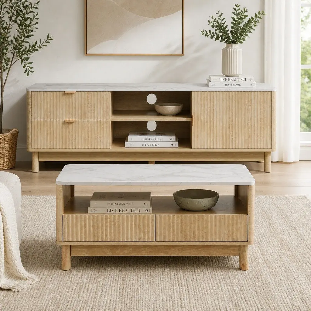 Entertainment Unit and Coffee Table Set with Storage Drawers Pine Wood Legs 150cm W x 40cm D x 47cm H 90cm W x 45cm D x 40cm H