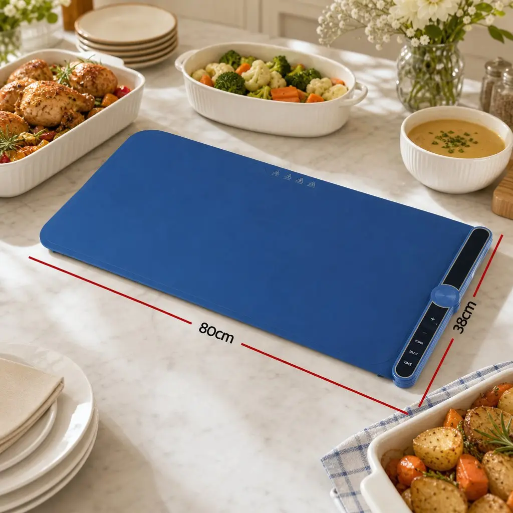 Food Warming Mat 80cm Electric Heating Tray Roll Up Buffet Dish Warmer Blue