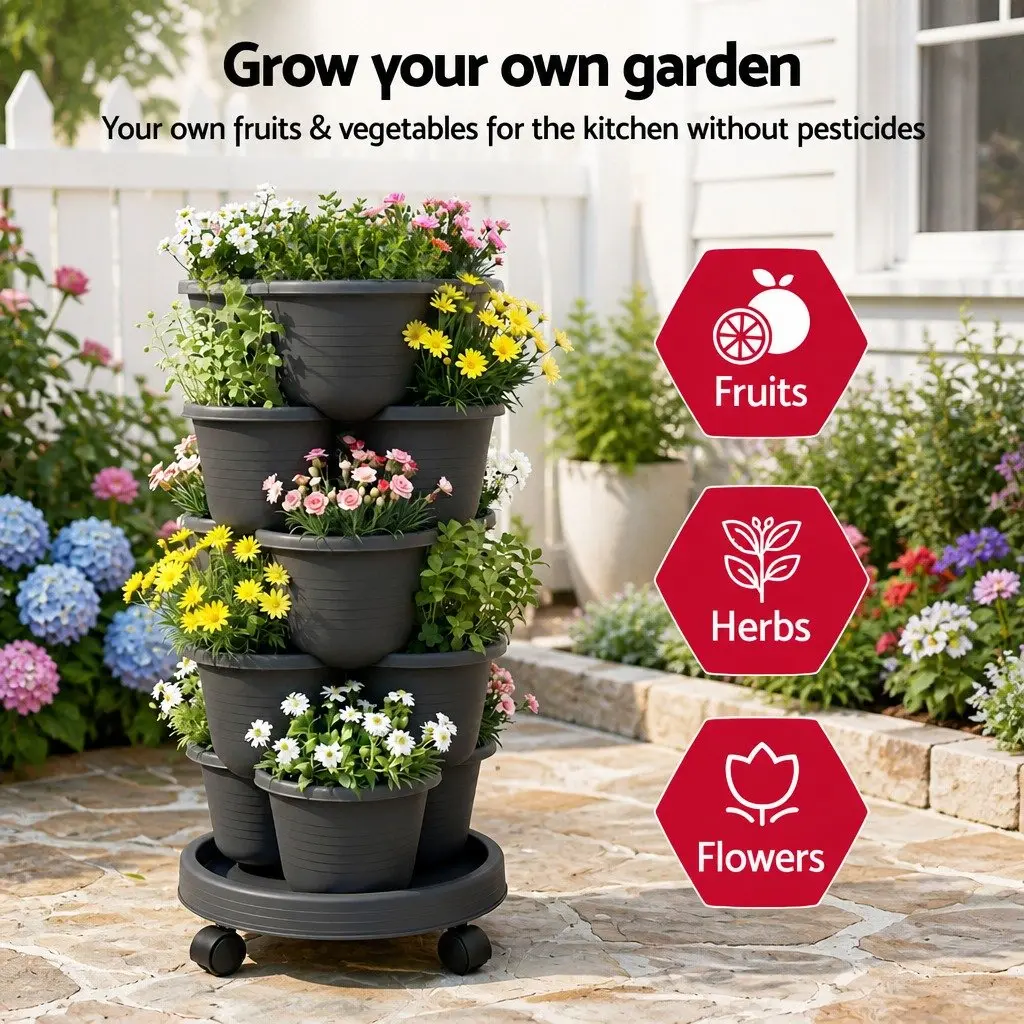 5-Tier Vertical Garden Planter Tower Stackable with Wheels Indoor Outdoor