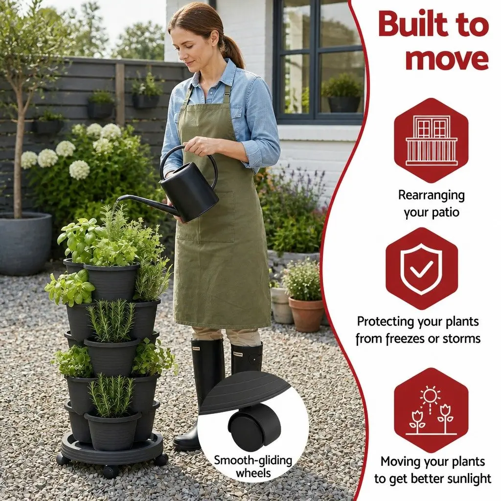 5-Tier Vertical Garden Planter Tower Stackable with Wheels Indoor Outdoor
