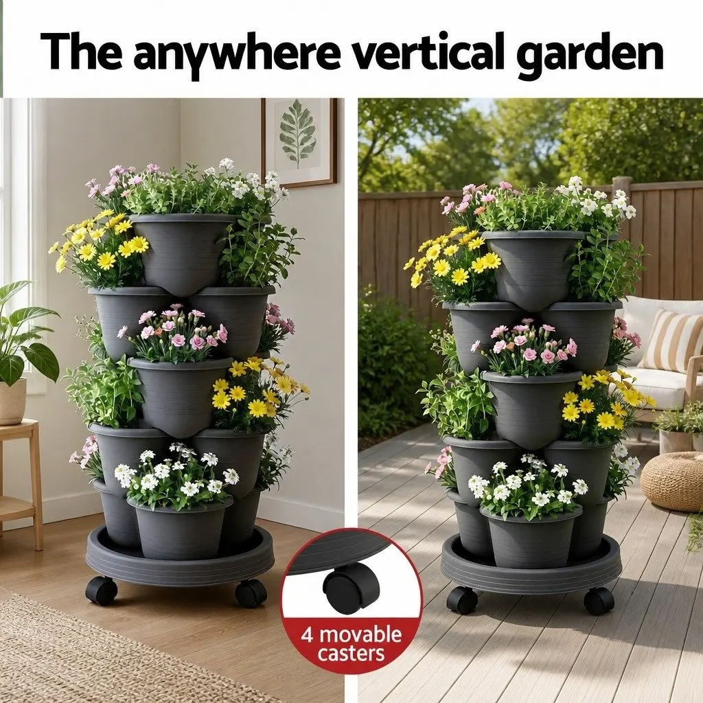 5-Tier Vertical Garden Planter Tower Stackable with Wheels Indoor Outdoor