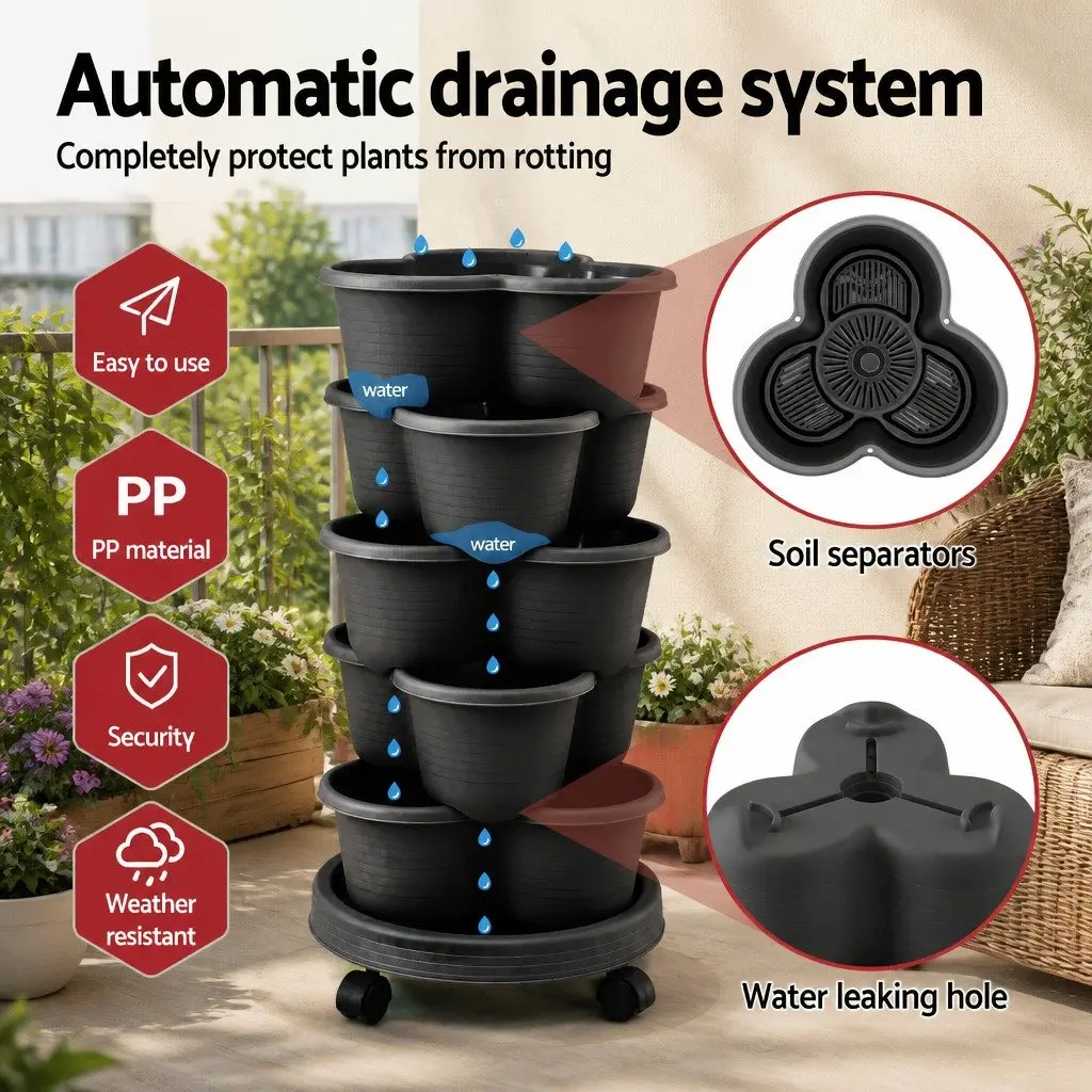 5-Tier Vertical Garden Planter Tower Stackable with Wheels Indoor Outdoor