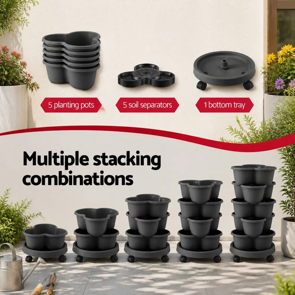 5-Tier Vertical Garden Planter Tower Stackable with Wheels Indoor Outdoor