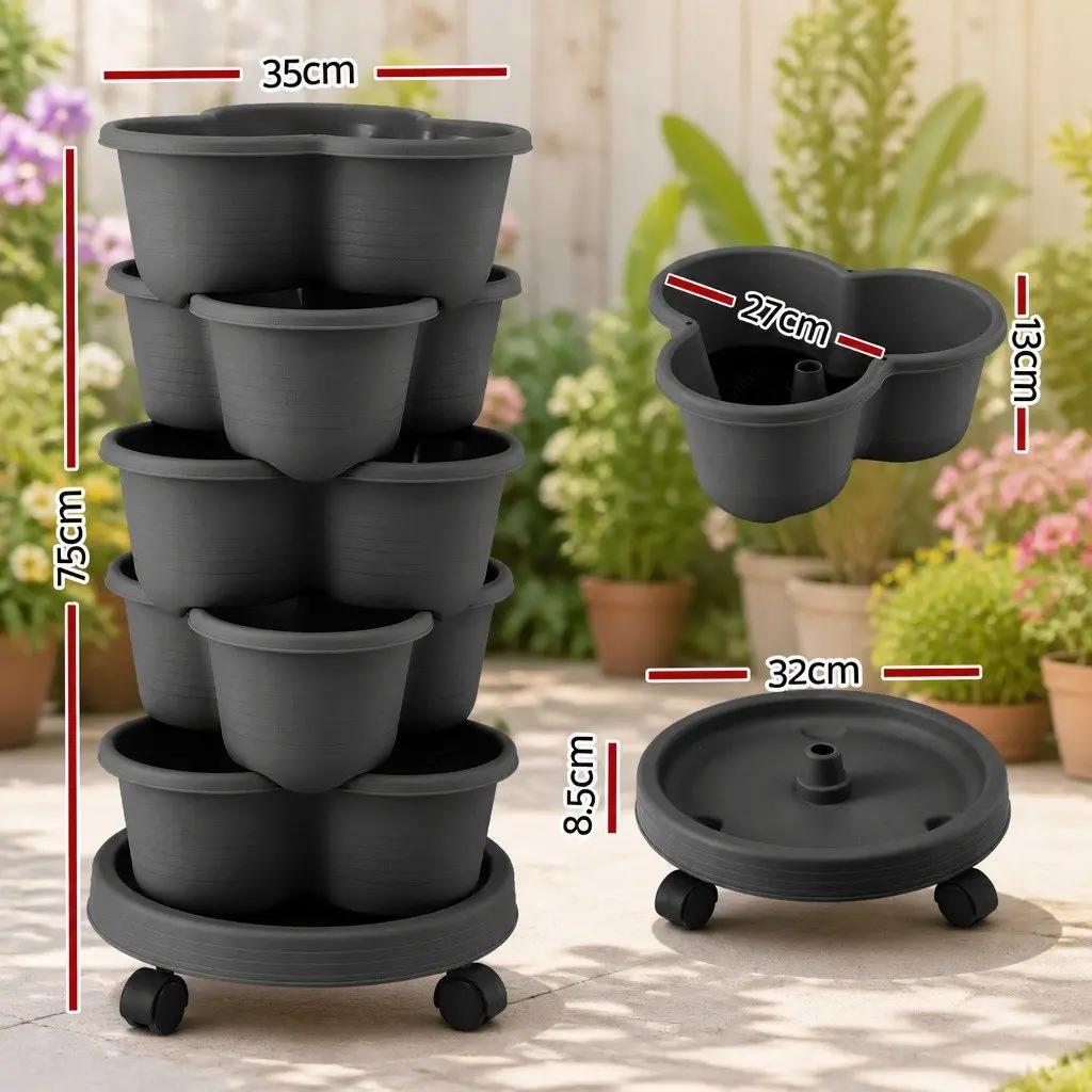 5-Tier Vertical Garden Planter Tower Stackable with Wheels Indoor Outdoor
