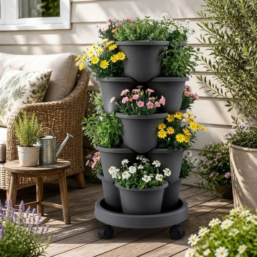 5-Tier Vertical Garden Planter Tower Stackable with Wheels Indoor Outdoor