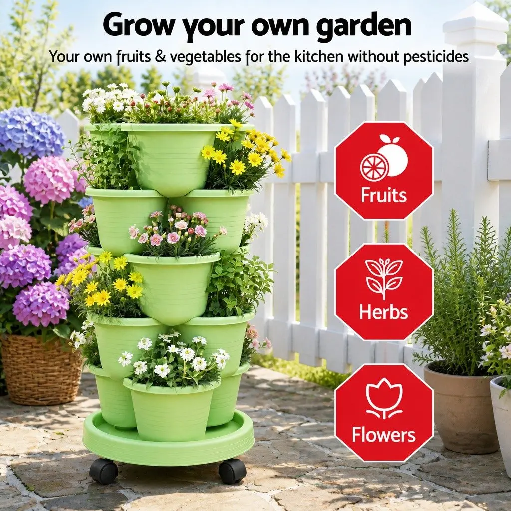 5-Tier Vertical Garden Planter Stackable Tower with Wheels Indoor Outdoor