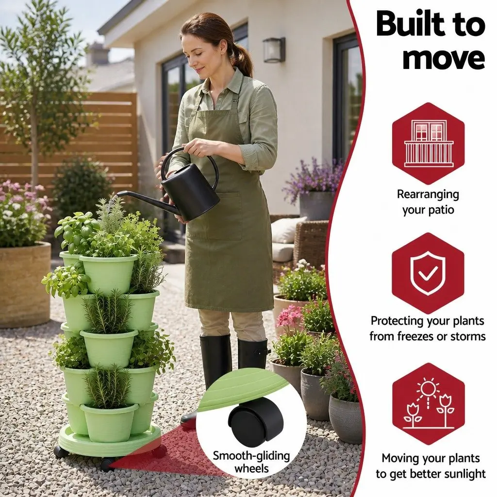 5-Tier Vertical Garden Planter Stackable Tower with Wheels Indoor Outdoor