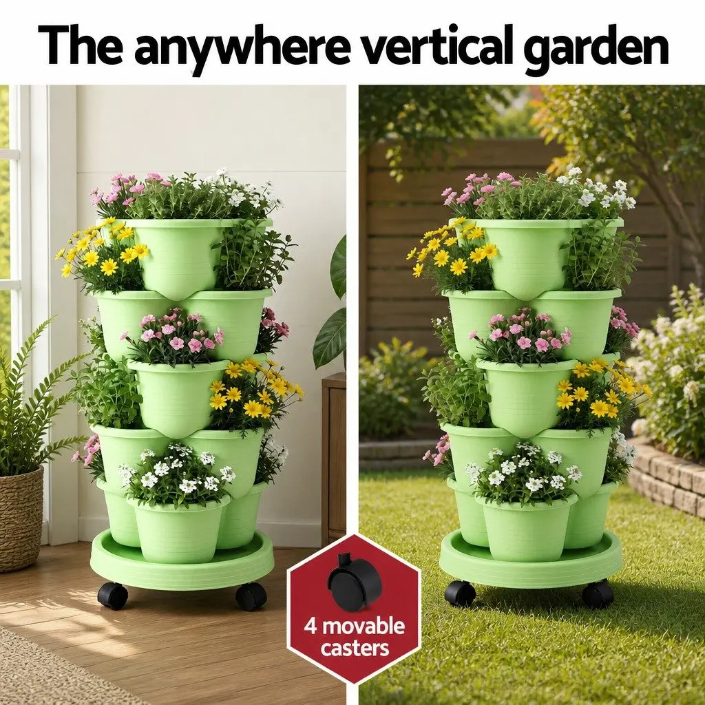 5-Tier Vertical Garden Planter Stackable Tower with Wheels Indoor Outdoor