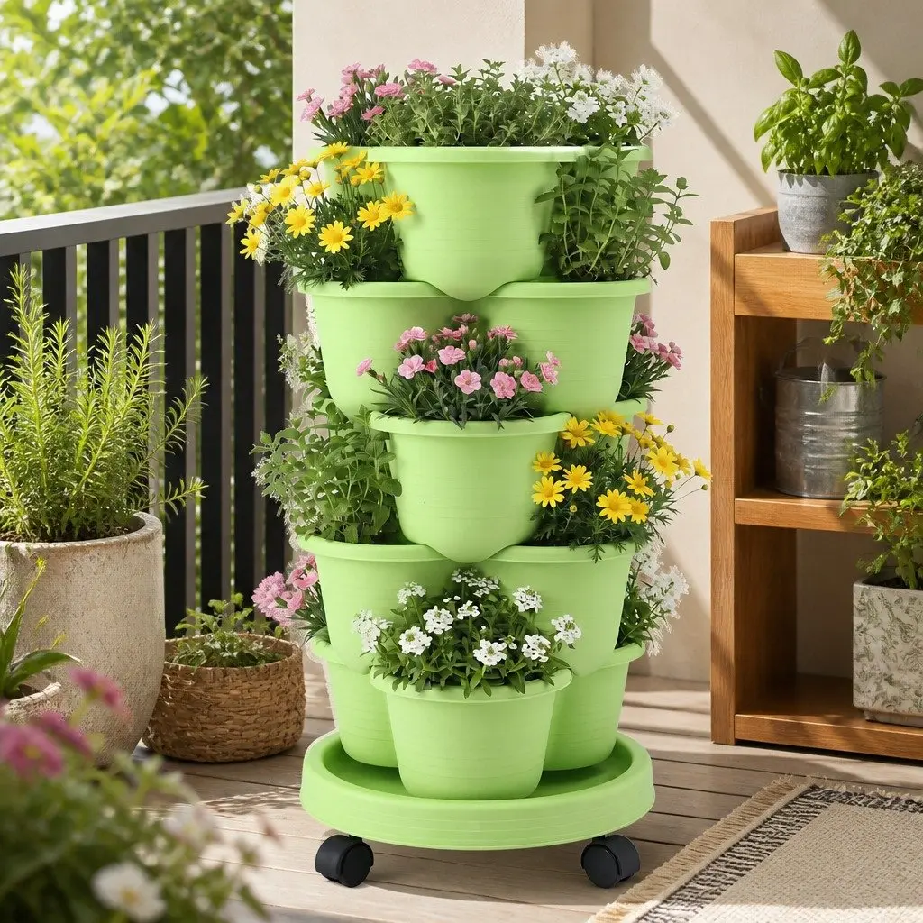 5-Tier Vertical Garden Planter Stackable Tower with Wheels Indoor Outdoor