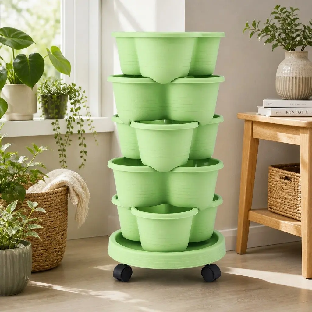 5-Tier Vertical Garden Planter Stackable Tower with Wheels Indoor Outdoor