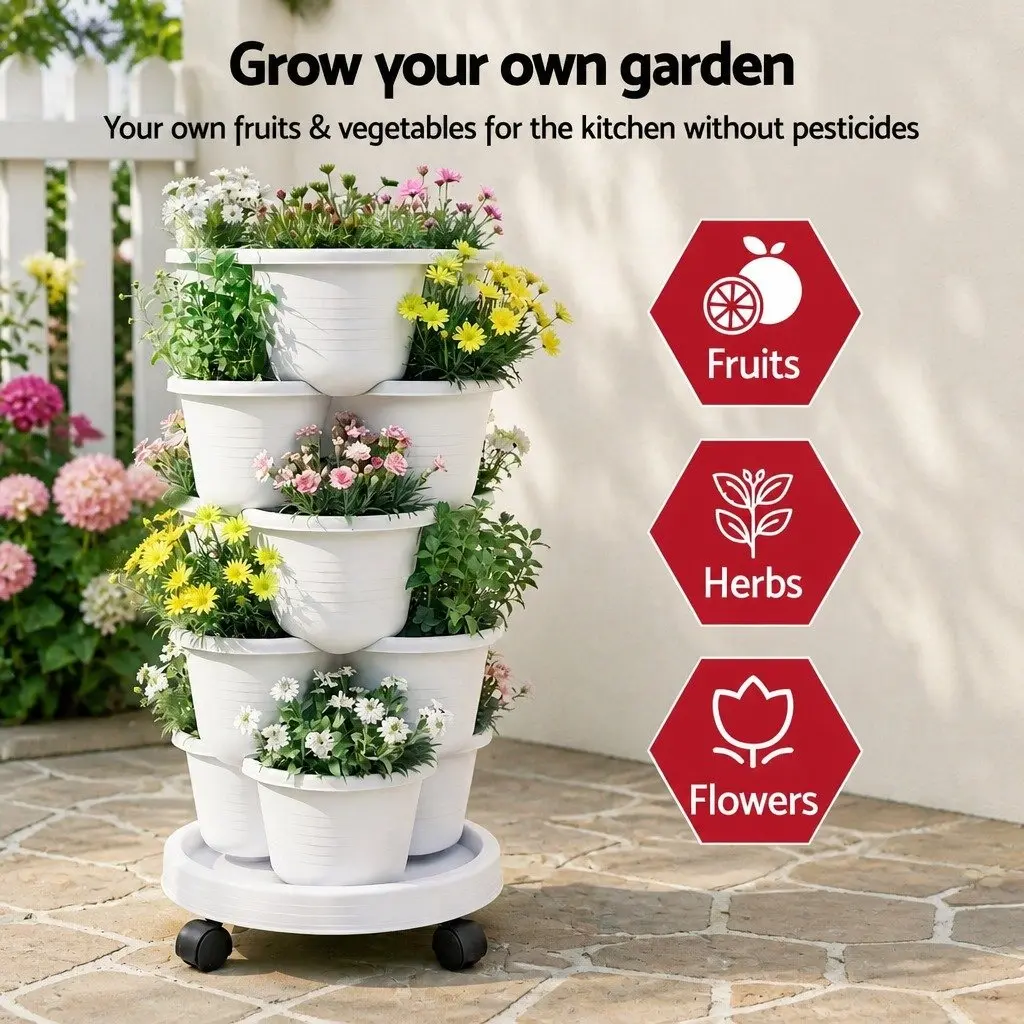 Stackable 5 Tier Vertical Planter White Tower with Wheels Auto Drainage