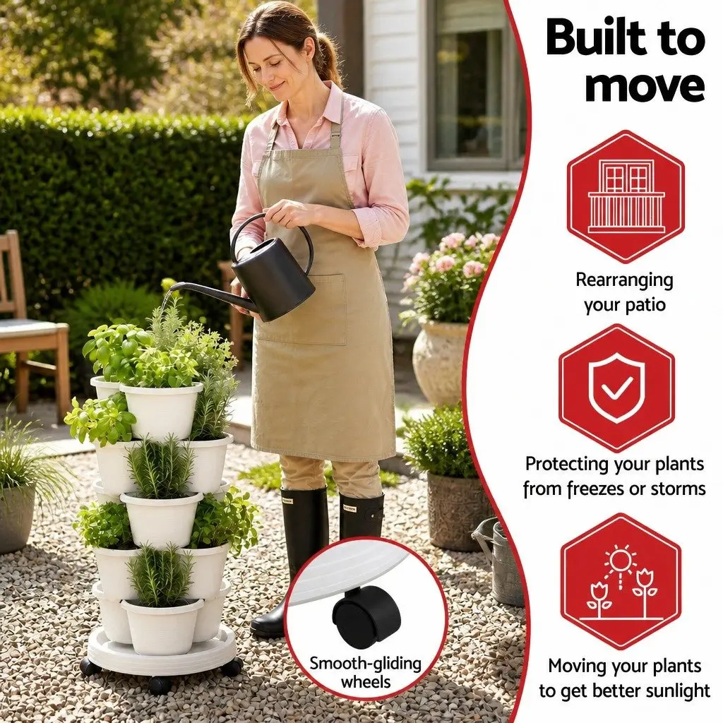 Stackable 5 Tier Vertical Planter White Tower with Wheels Auto Drainage