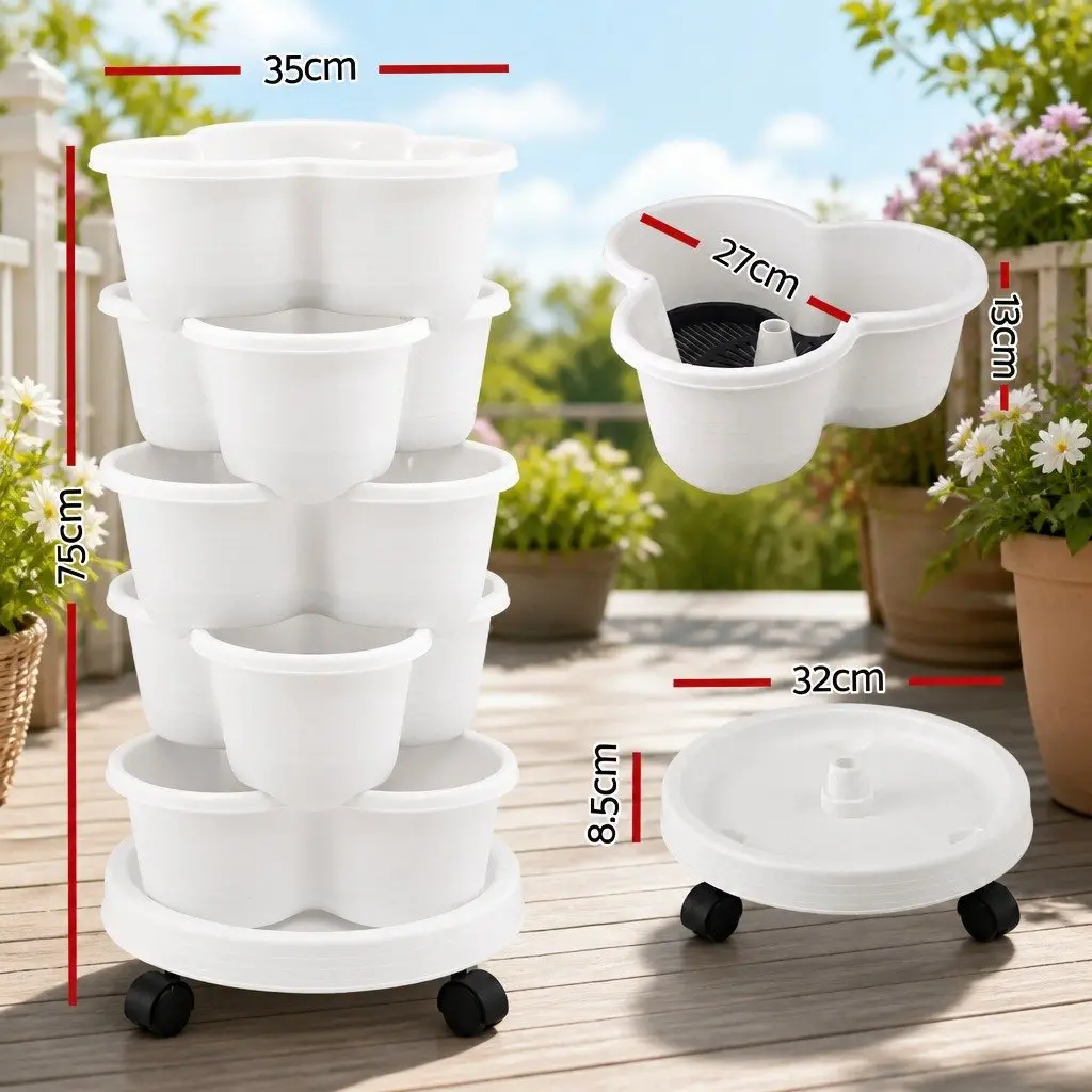 Stackable 5 Tier Vertical Planter White Tower with Wheels Auto Drainage