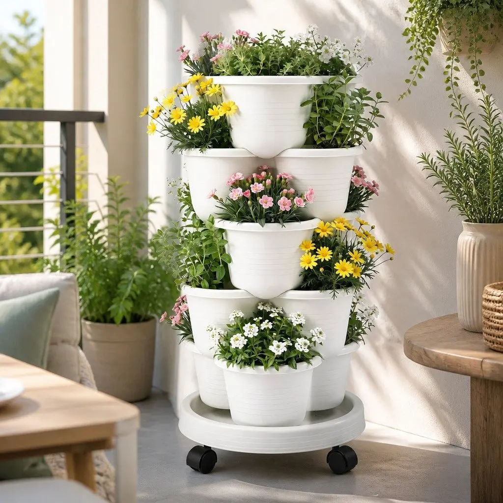Stackable 5 Tier Vertical Planter White Tower with Wheels Auto Drainage