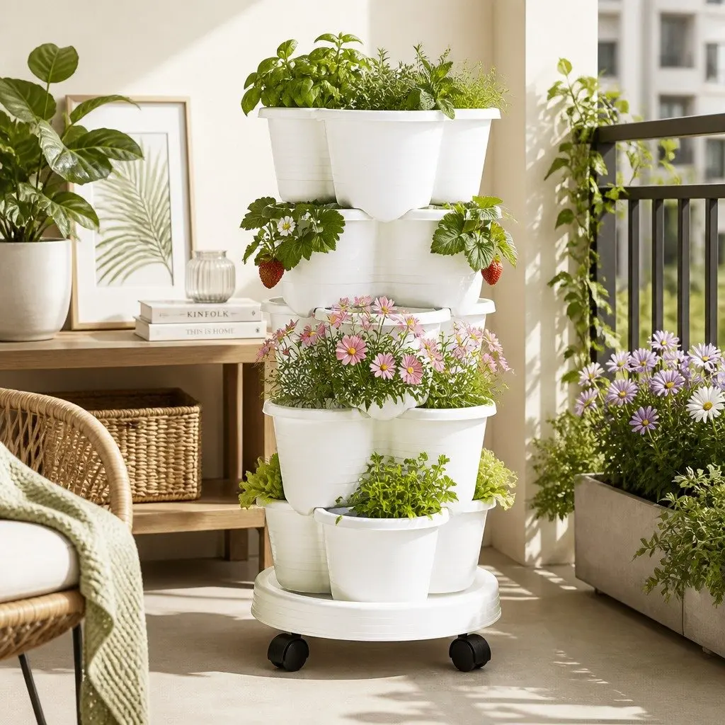 Stackable 5 Tier Vertical Planter White Tower with Wheels Auto Drainage