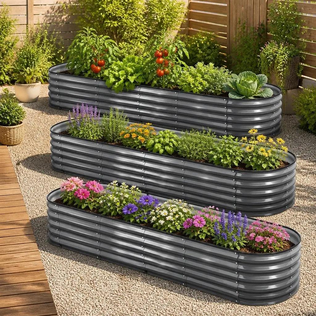 Raised Garden Bed Kit Oval Galvanized Steel Planter Boxes 320x80x42cm