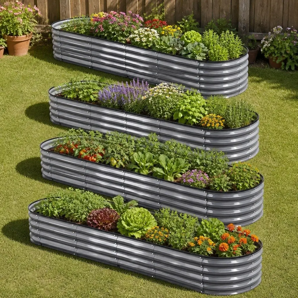 Raised Garden Bed Kit 4 Pcs Oval Galvanized Steel Planter Boxes 320x80x42cm