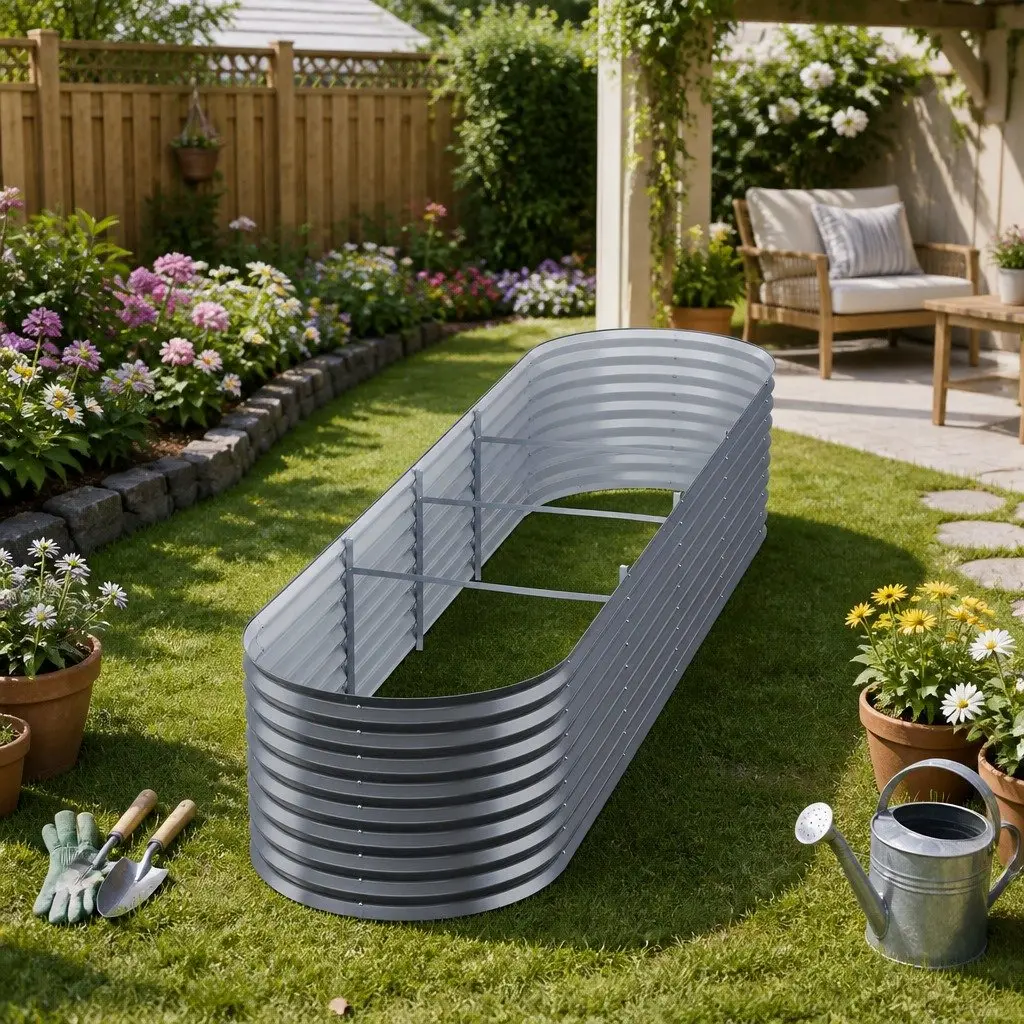 Raised Garden Bed Galvanized Steel Oval Planter Box 320x80x56cm for Vegetables Flowers Herbs