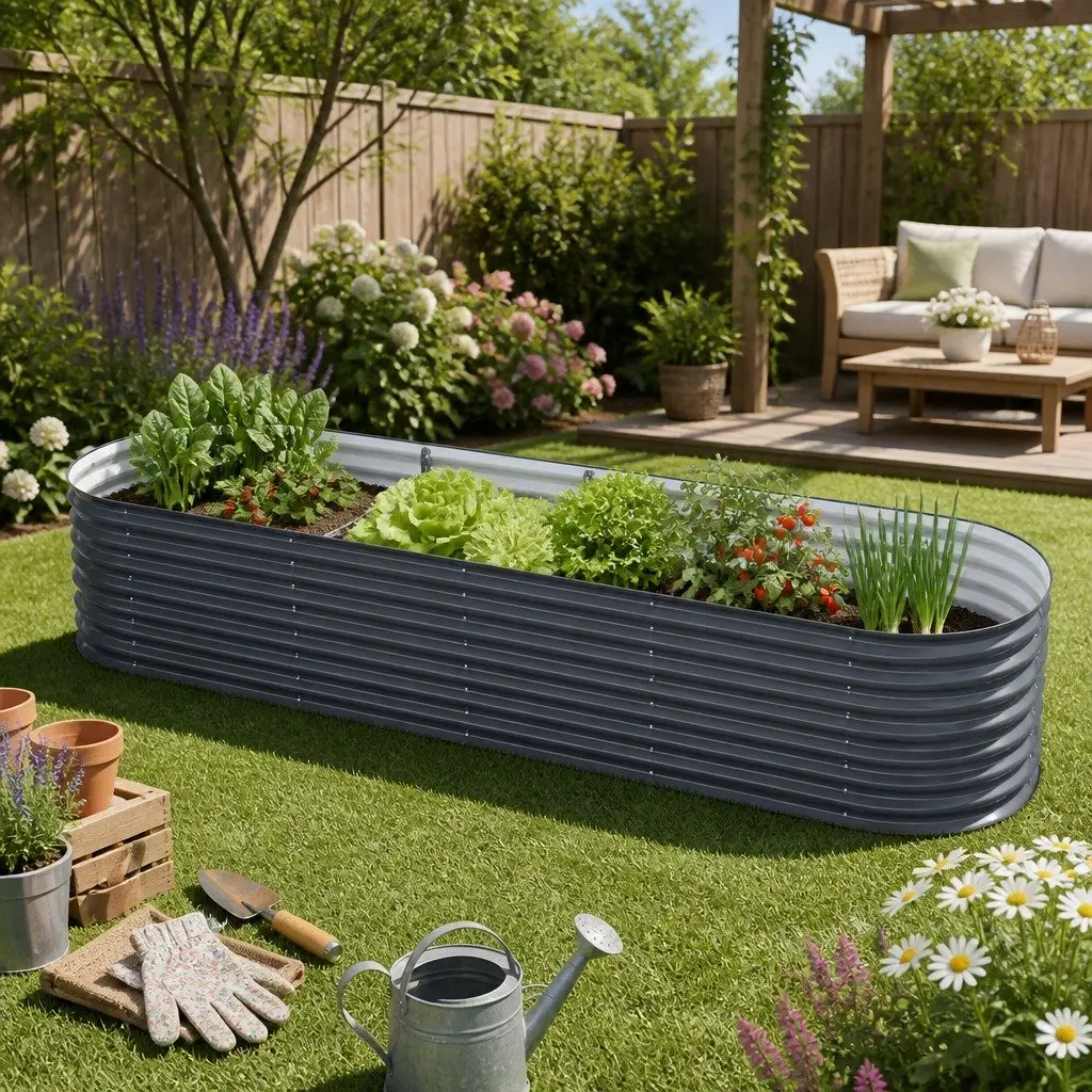 Raised Garden Bed Galvanized Steel Oval Planter Box 320x80x56cm for Vegetables Flowers Herbs