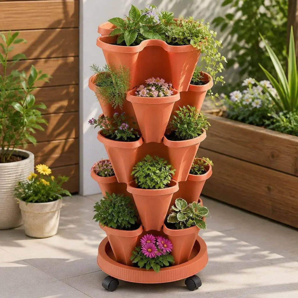 5-Tier Stackable Planter with Drainage System Indoor Outdoor 35cm W x 35cm D x 75cm H