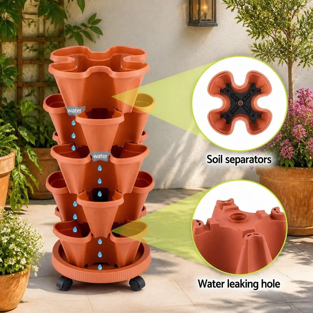 5-Tier Stackable Planter with Drainage System Indoor Outdoor 35cm W x 35cm D x 75cm H