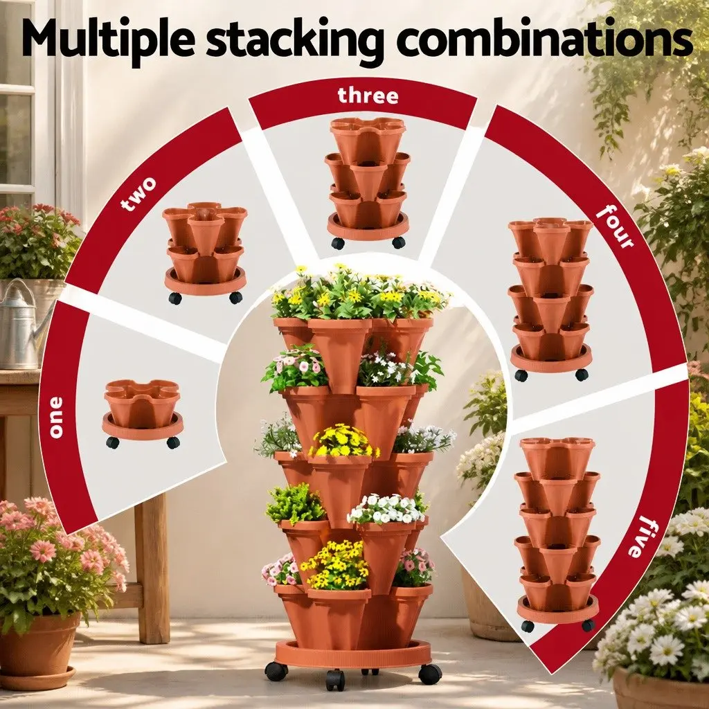 5-Tier Stackable Planter with Drainage System Indoor Outdoor 35cm W x 35cm D x 75cm H