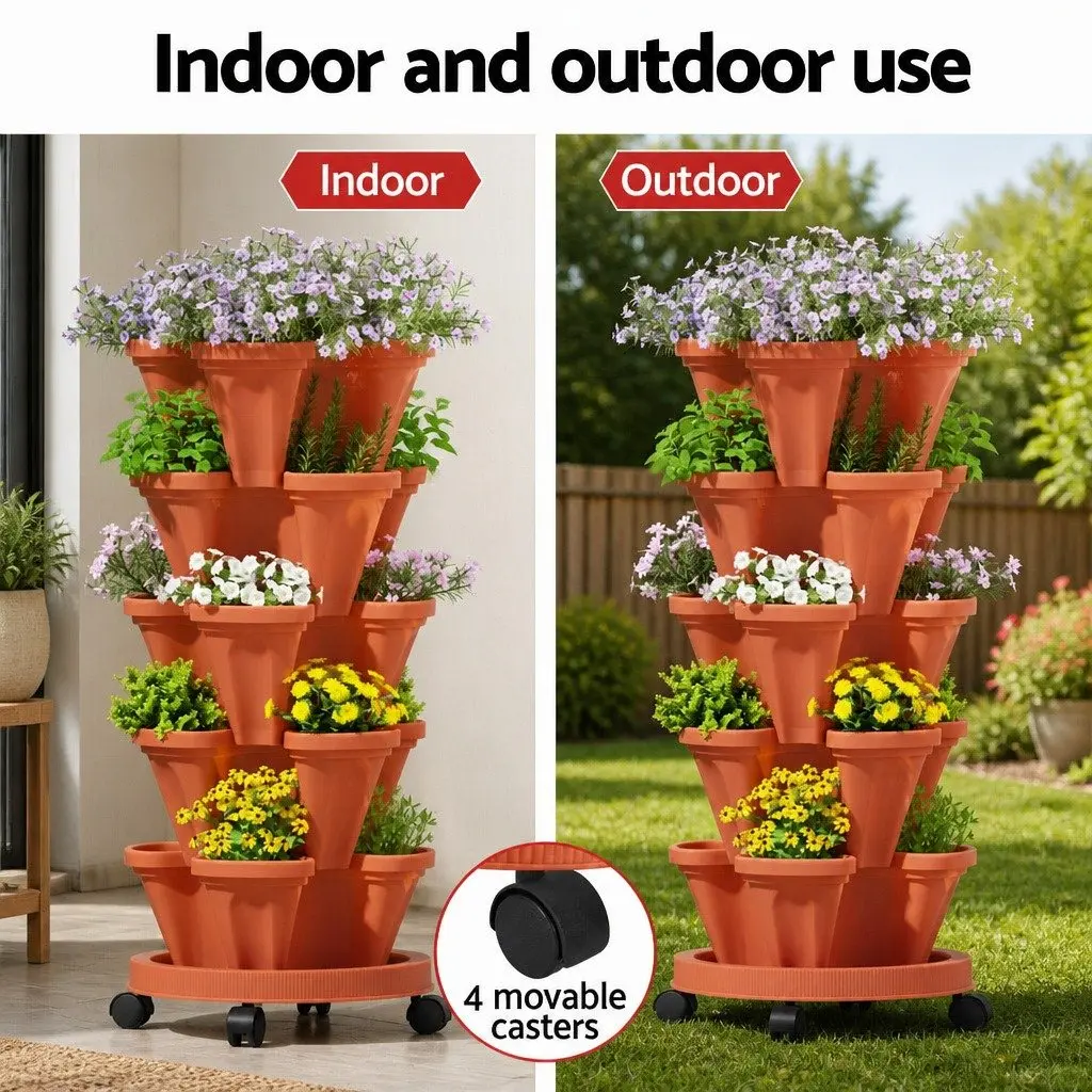 5-Tier Stackable Planter with Drainage System Indoor Outdoor 35cm W x 35cm D x 75cm H
